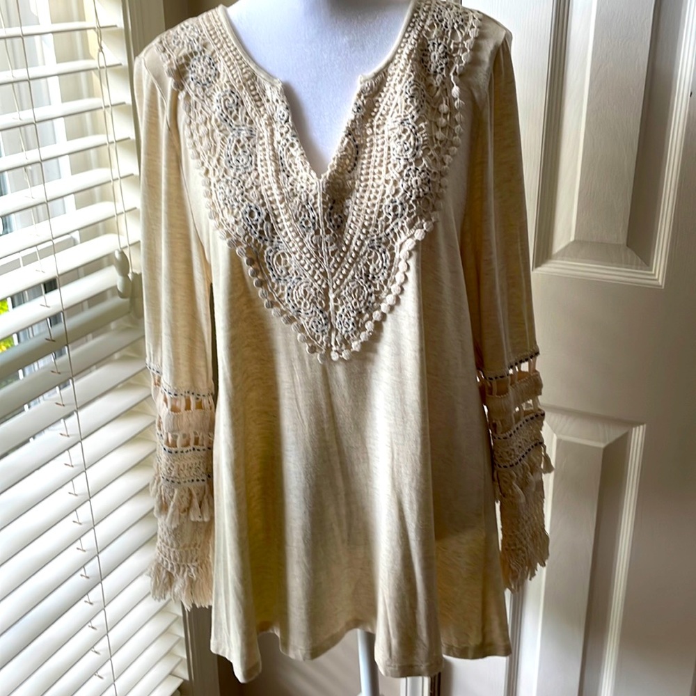 Chico’s Women’s Top | Size S | Beige with Blue Stitching | Bell Sleeves